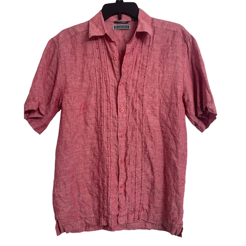 Cubavera  Pink 100% Linen Short Sleeve Guayabera Pintuck Shirt Small